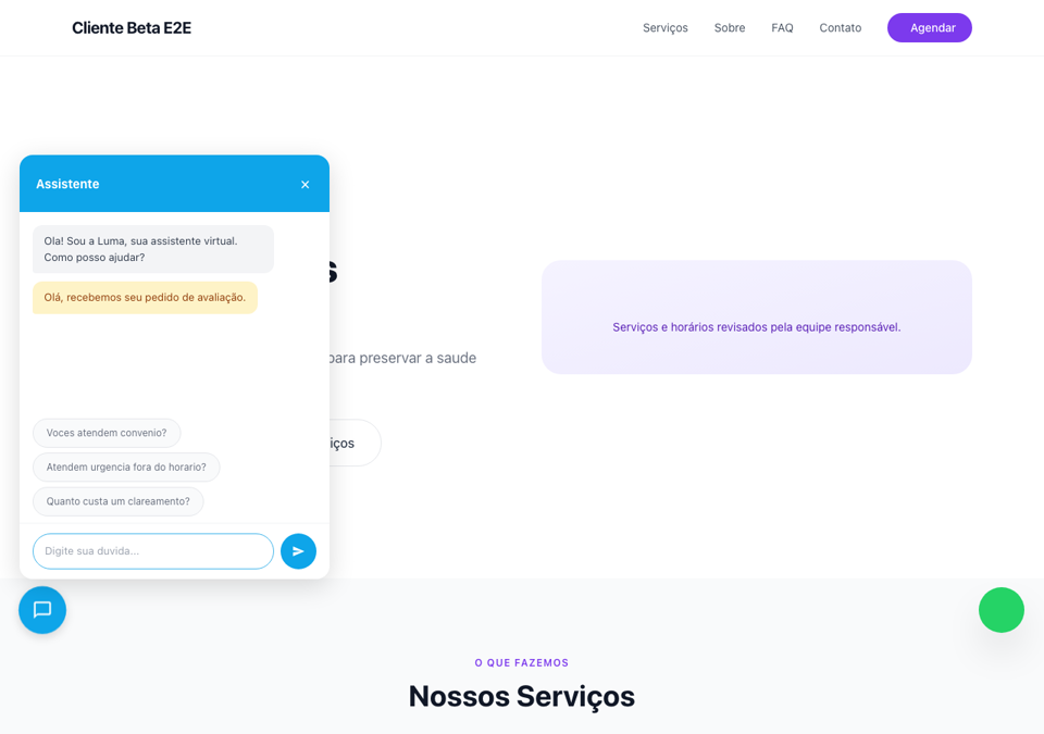 Widget de atendimento inicial em uma página de consultório